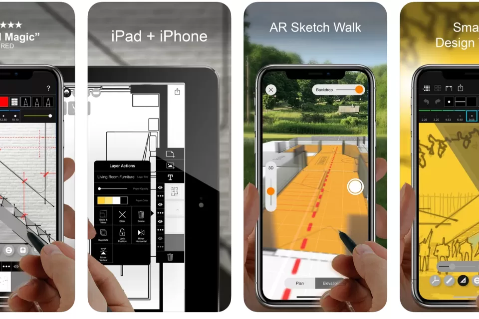 Screengrabs from the Morpholio Trace showing the drawing and annotation tools of the CAD app.